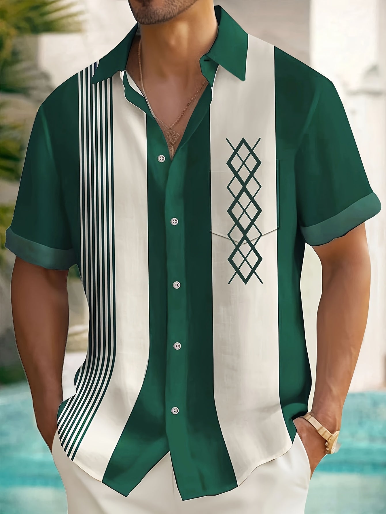 Men's blue vintage geometric print short-sleeve shirt