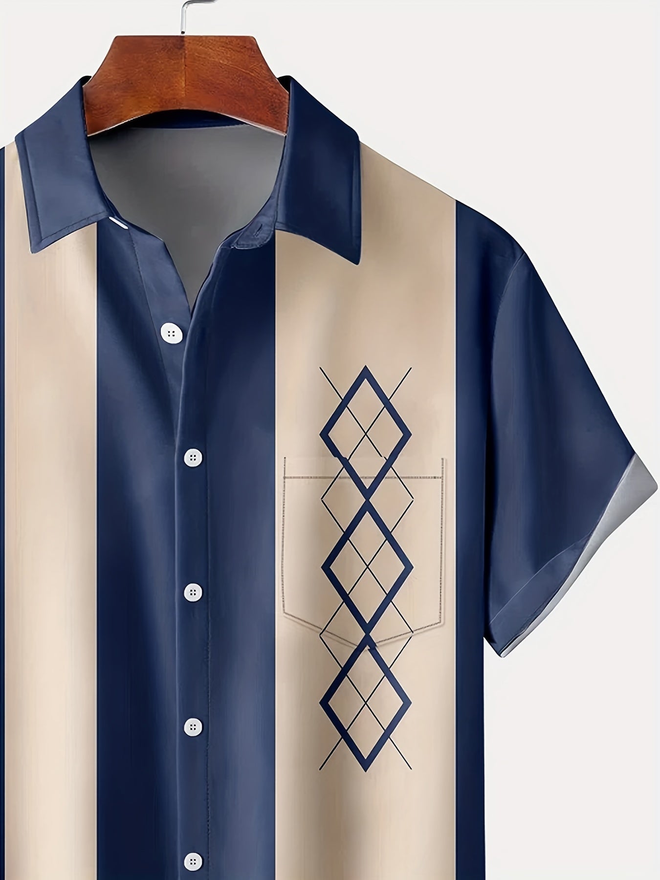 Men's green vintage geometric print short-sleeve shirt