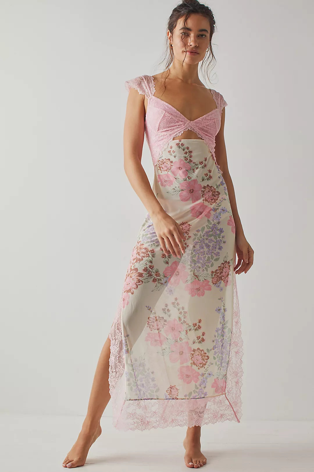 Women's daisy floral sheath dress with lace detail and a side split