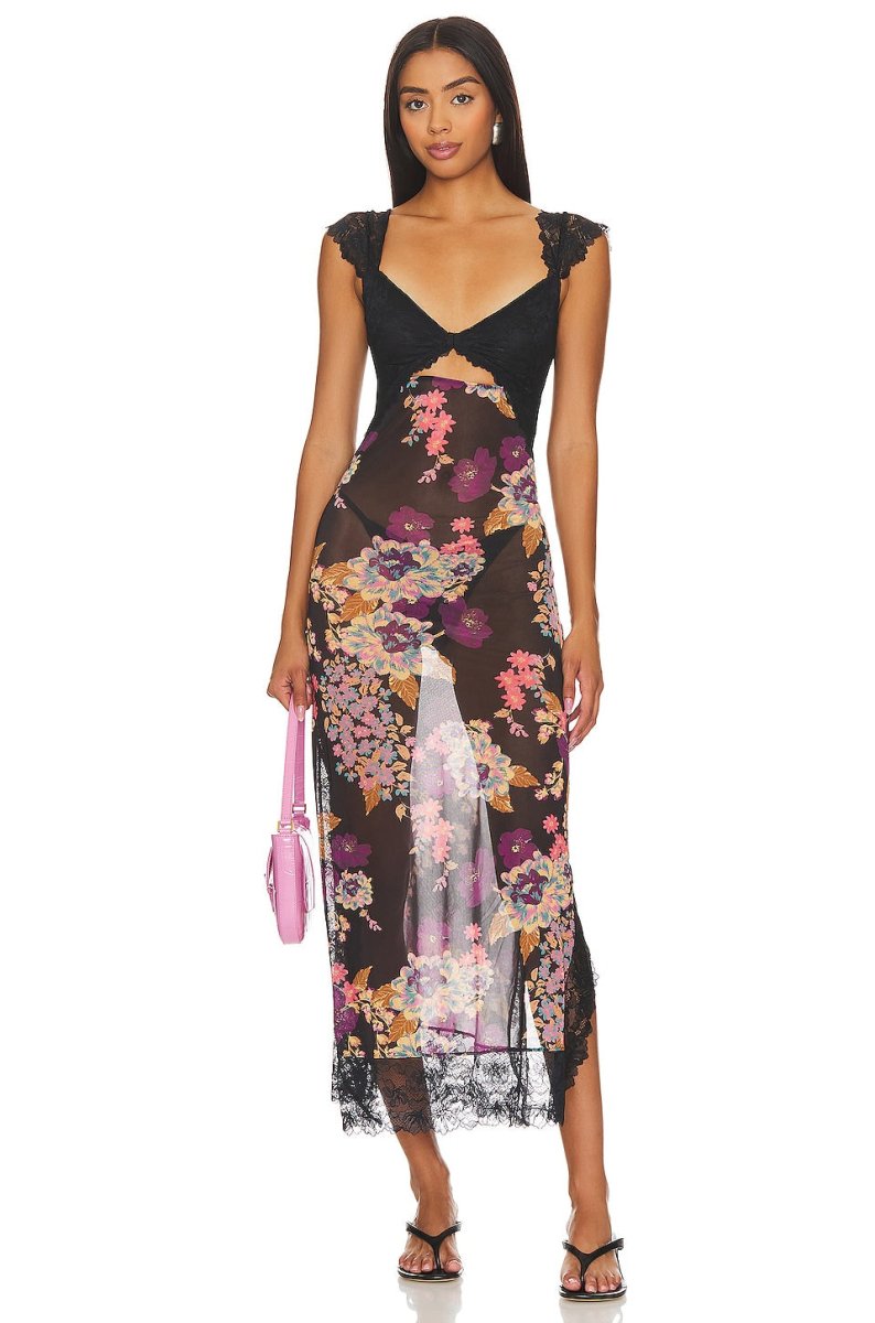 Women's tulip floral sheath dress with lace detail and a side split