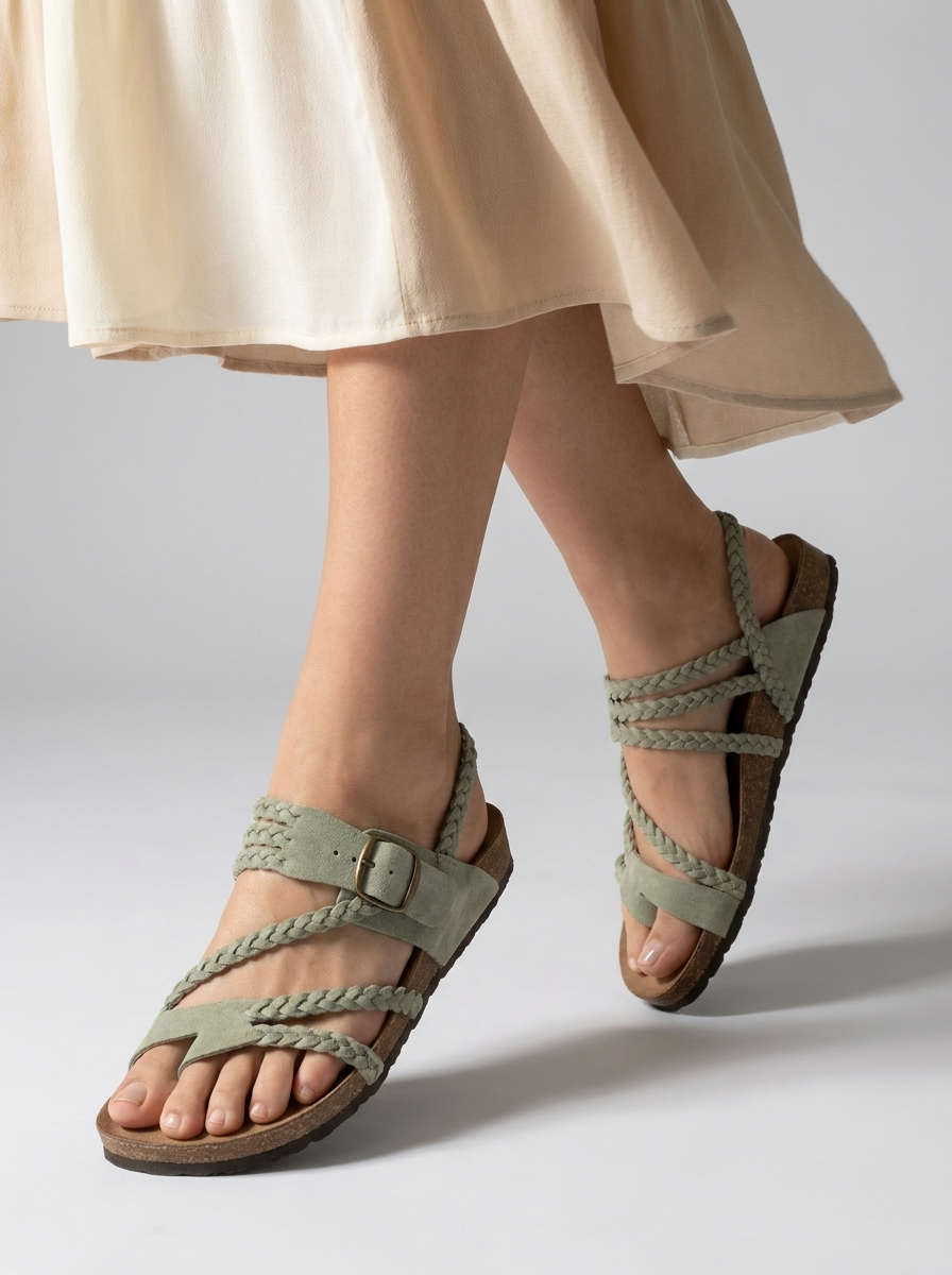 Women's brown boho braided sandals with adjustable buckle