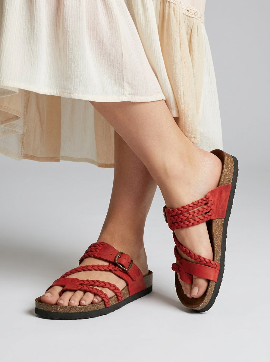 Women's brown boho braided sandals with adjustable buckle