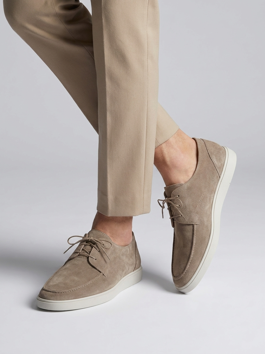 Men's beige suede lace-up loafers with light sole