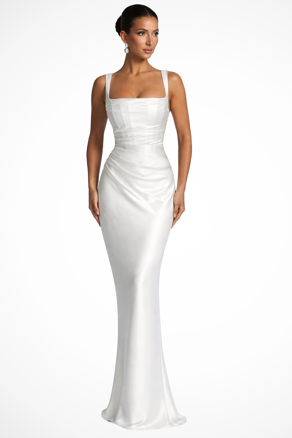 Women's square neck ruched satin maxi dress