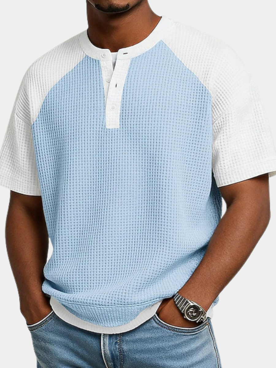 Men's light blue waffle knit button polo shirt