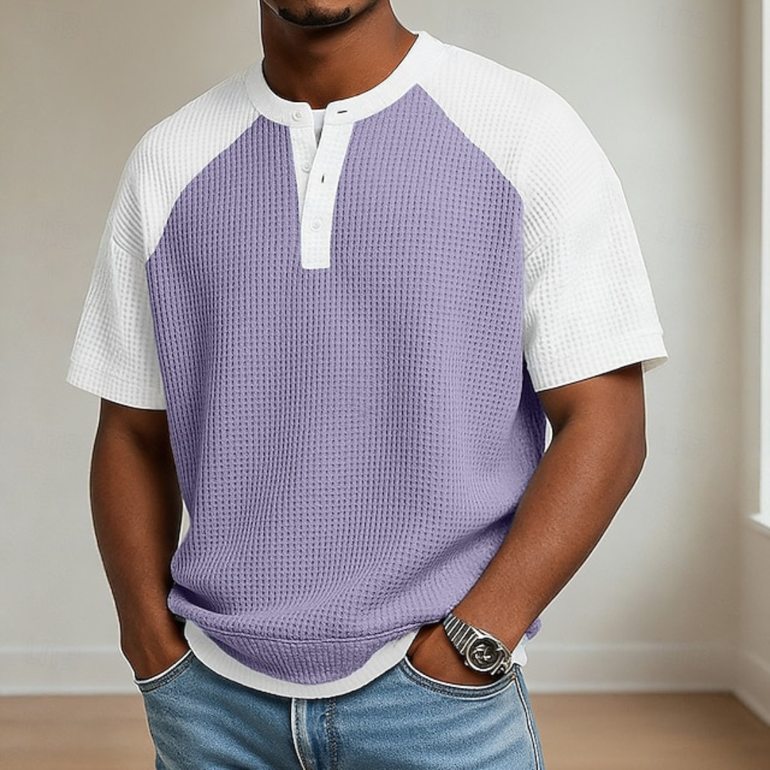 Men's light blue waffle knit button polo shirt
