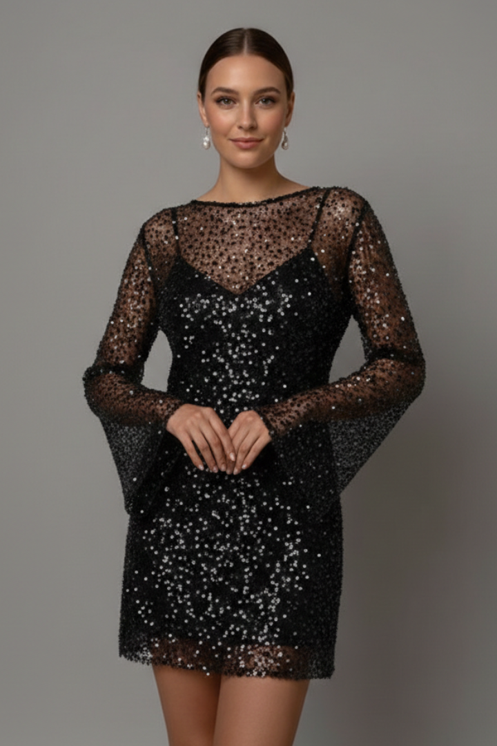 Women's black mesh overlay mini party dress with sleeveless underlayer