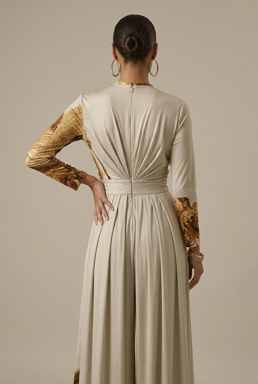 Women's beige abstract print wide leg jumpsuit with V neck