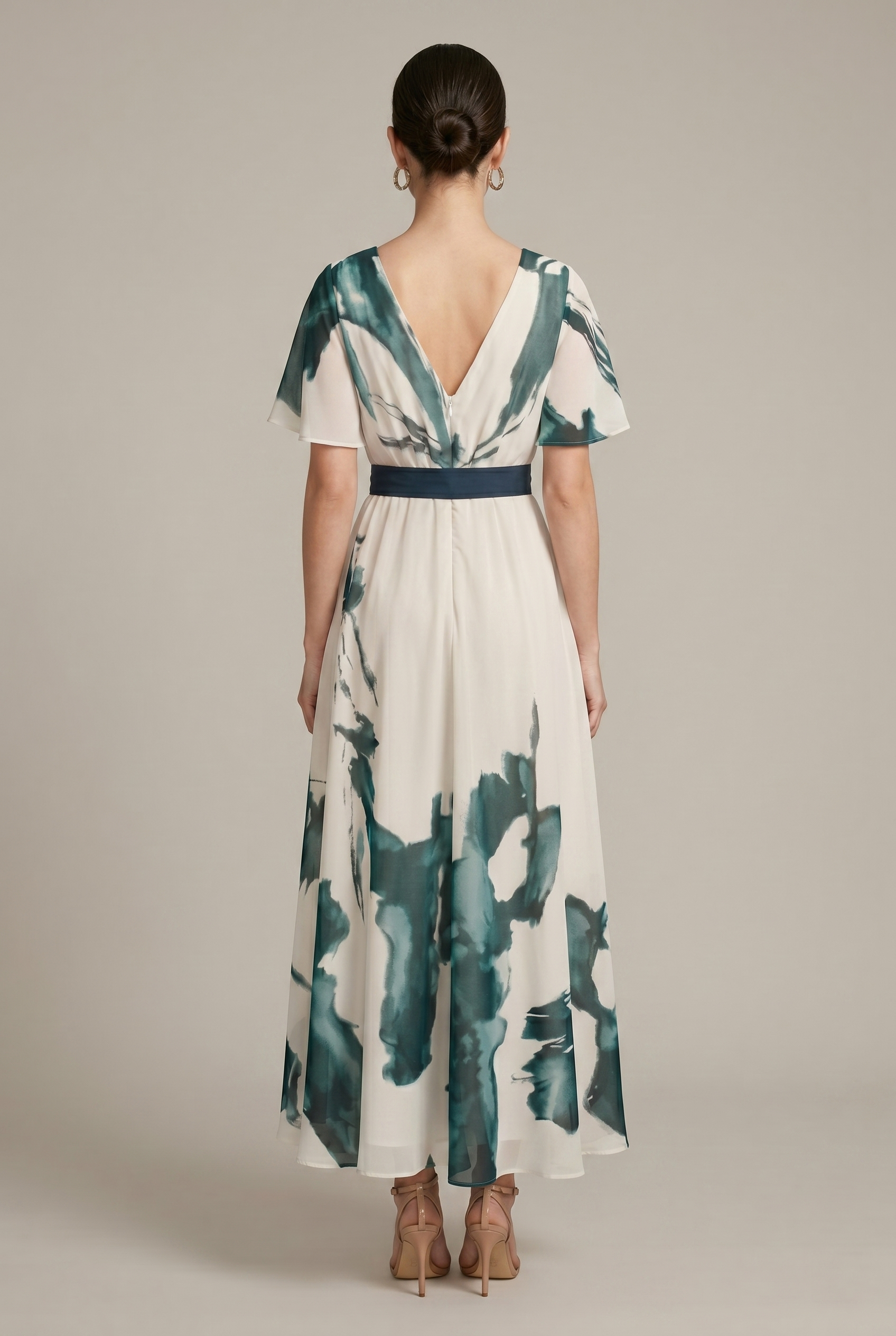 Women's green abstract print wrap maxi dress with tie waist