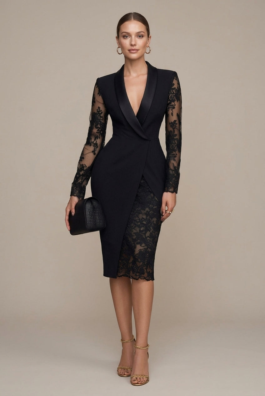 Women's black blazer midi dress with lace sleeves and shawl collar