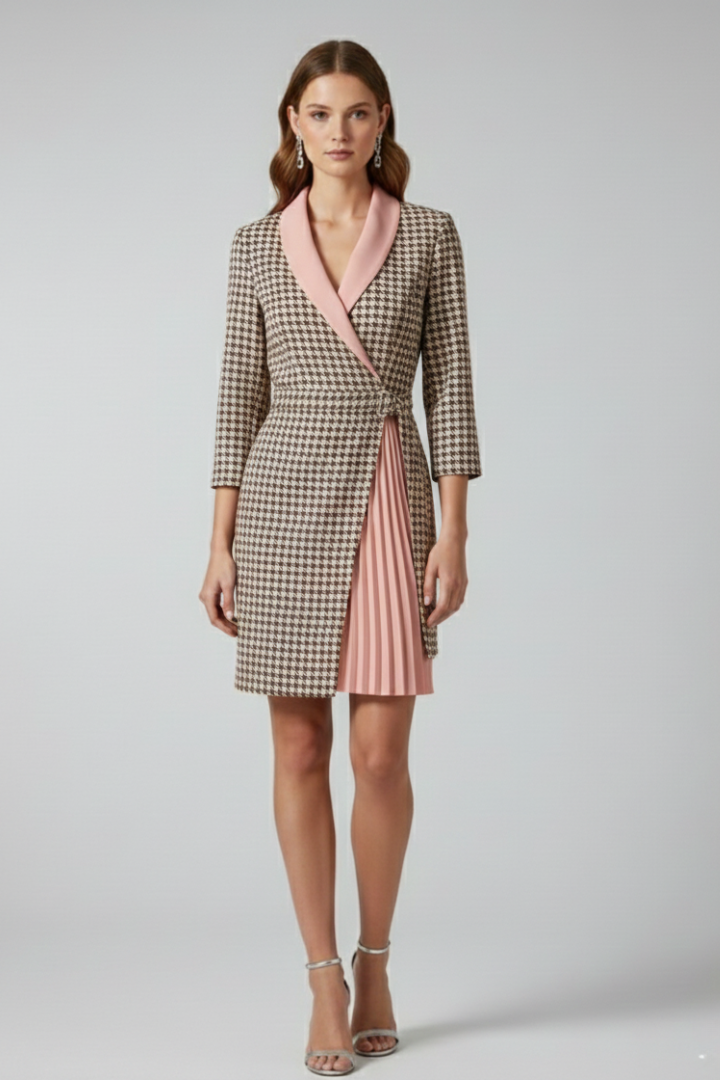 Women's pink notched collar blazer dress with a defined waist and straight hem