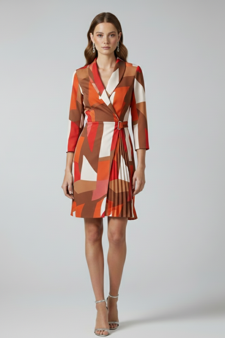Women's black notched collar blazer dress with a defined waist and straight hem