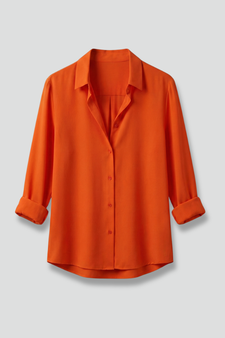 Women's orange collared blouse with button front and rolled cuffs