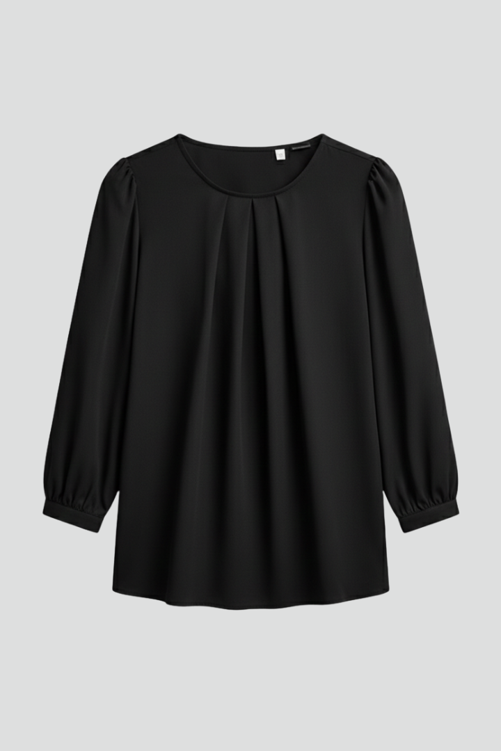 Women's black puff sleeve blouse with pleated front