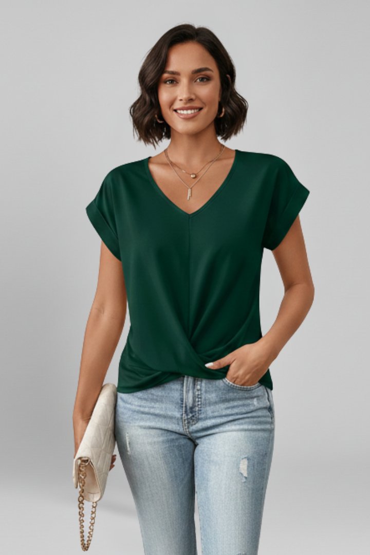 Women's red V-neck blouse with short sleeves and relaxed fit