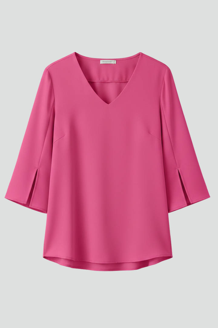 Women's pink short sleeve blouse with V-neck and chest pocket