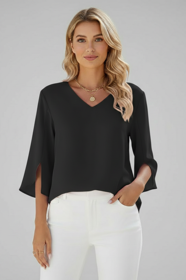 Women's blue short sleeve blouse with V-neck and chest pocket