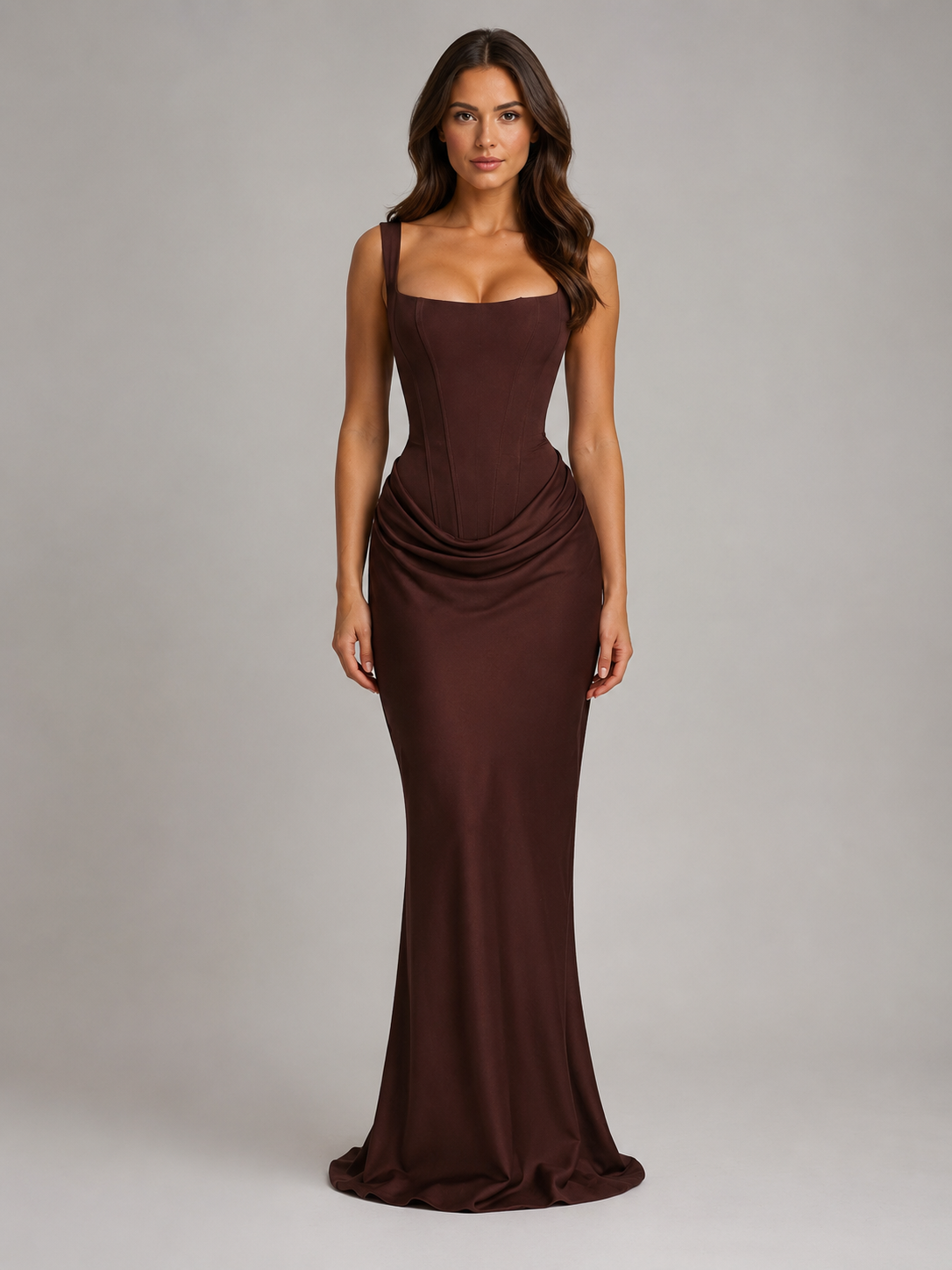 Women's brown square neck bodycon maxi dress