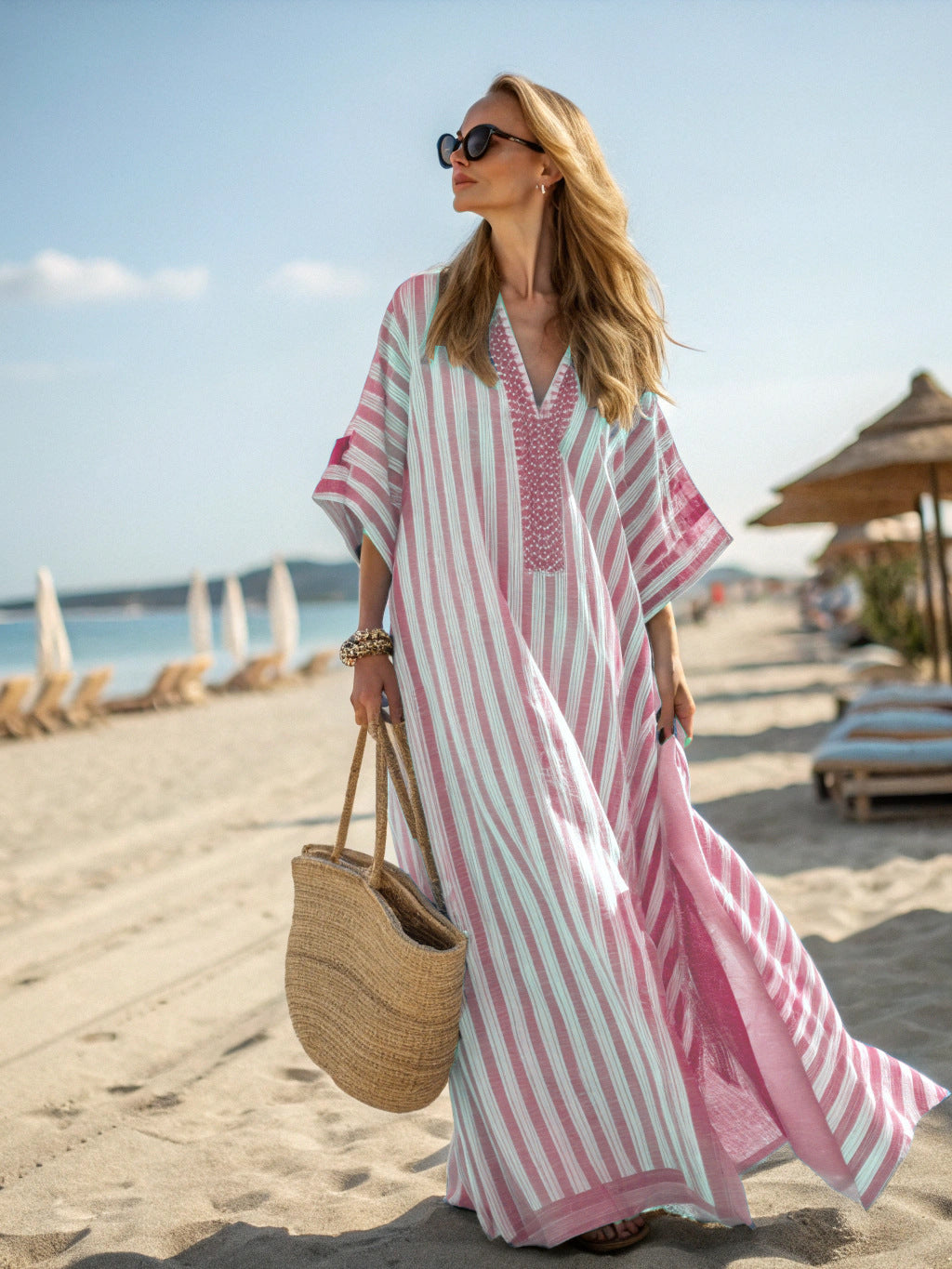 Women's beige boho kaftan maxi dress with batwing sleeves and fringe hem