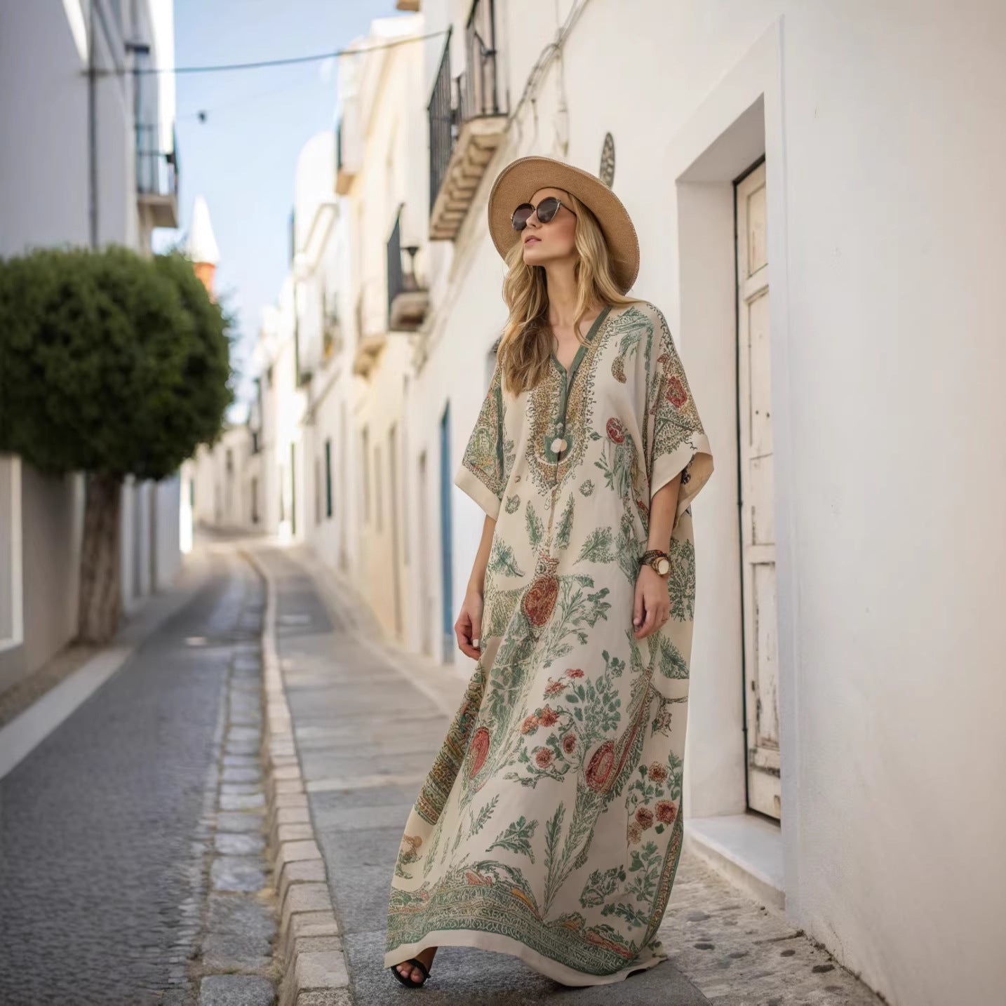 Women's light blue boho kaftan maxi dress with batwing sleeves and fringe hem