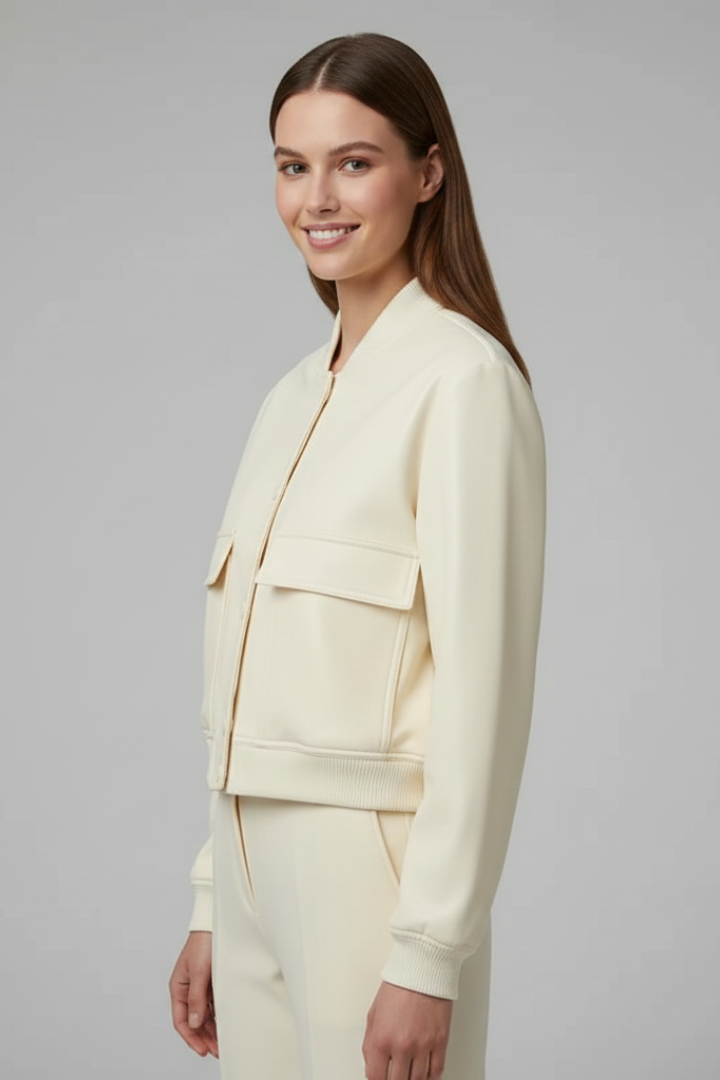 Women's beige baseball collar bomber jacket with snap-button front
