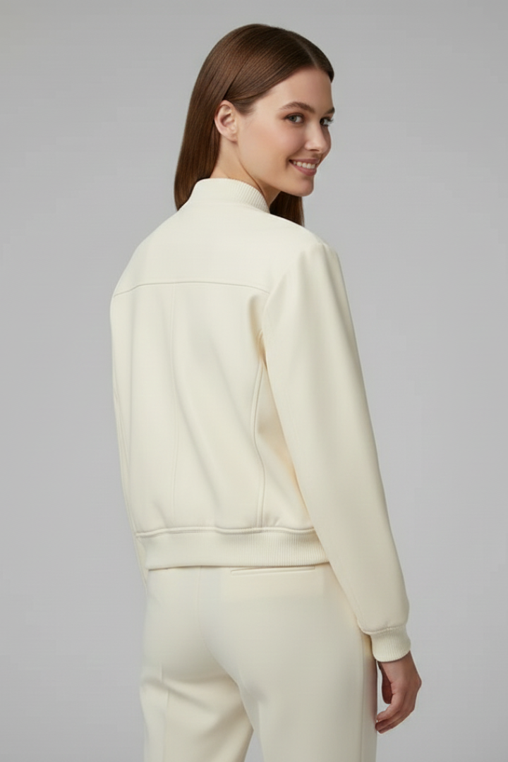 Women's beige baseball collar bomber jacket with snap-button front
