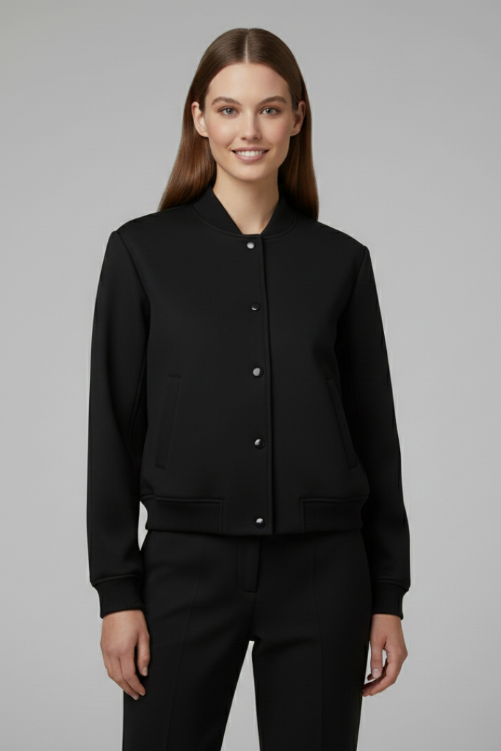 Women's blue baseball collar bomber jacket with snap-button front