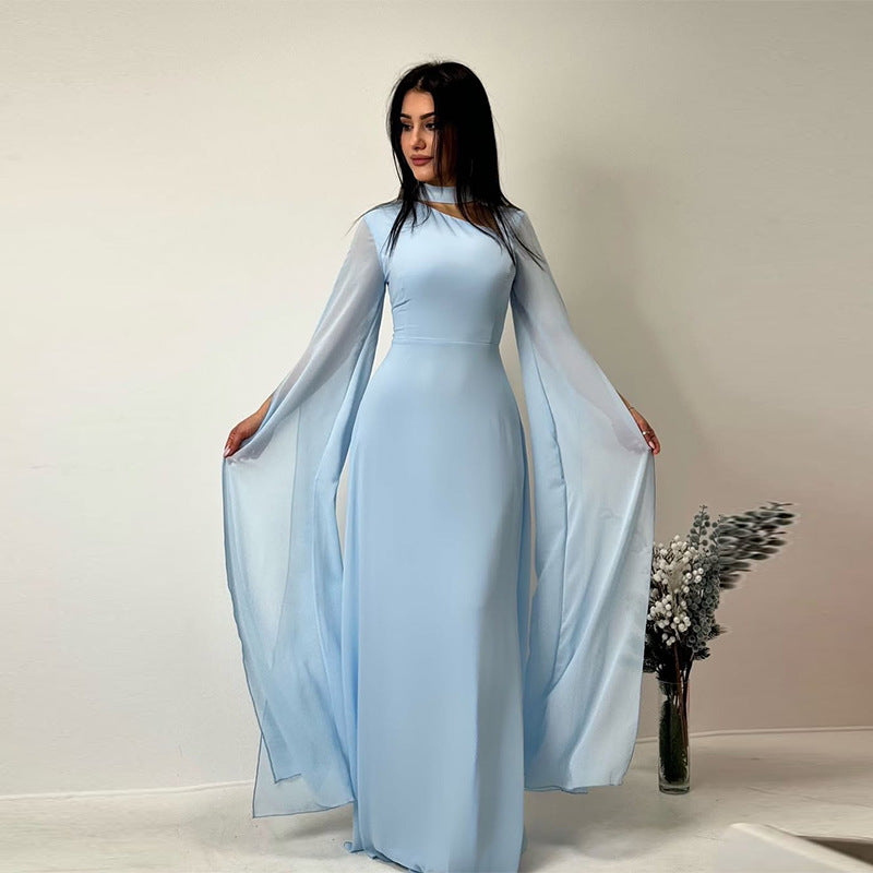 Women's pink chiffon maxi dress with cape sleeves