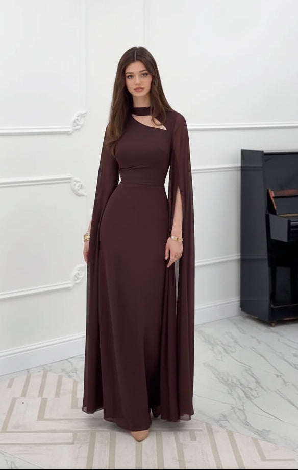 Women's pink chiffon maxi dress with cape sleeves