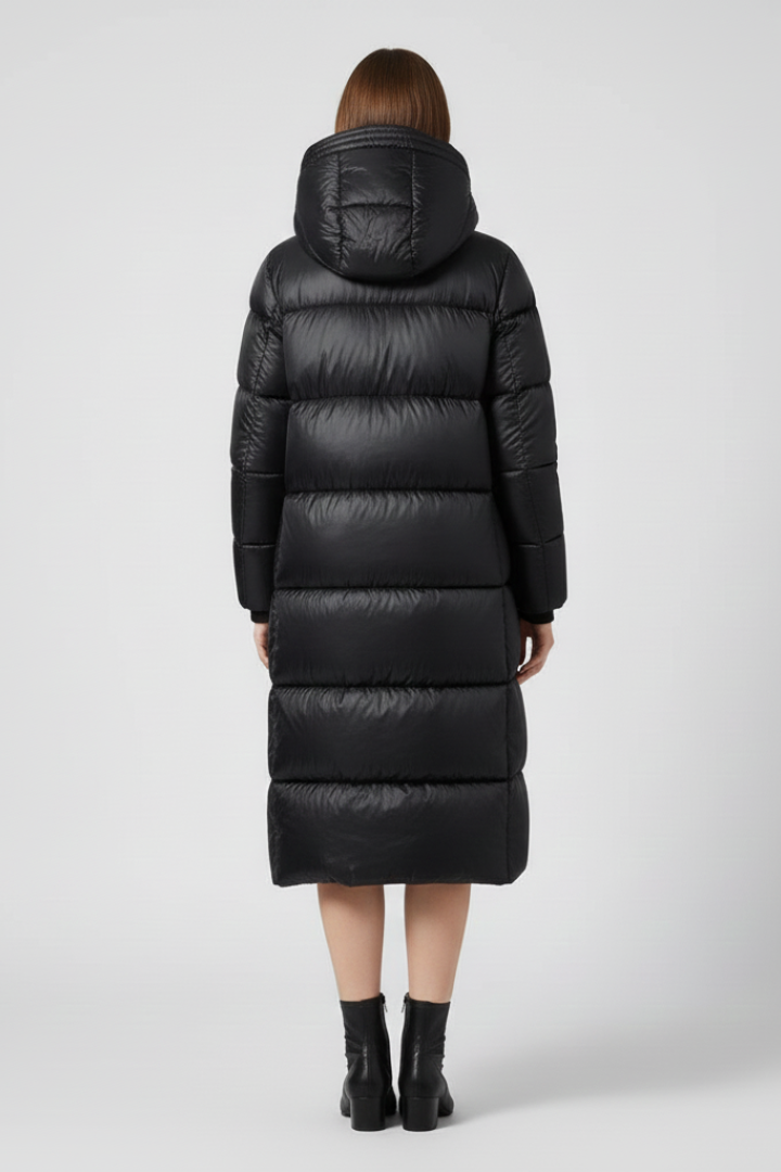 Women's black hooded quilted down coat with insulated warmth for winter