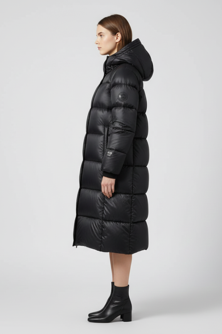 Women's black hooded quilted down coat with insulated warmth for winter