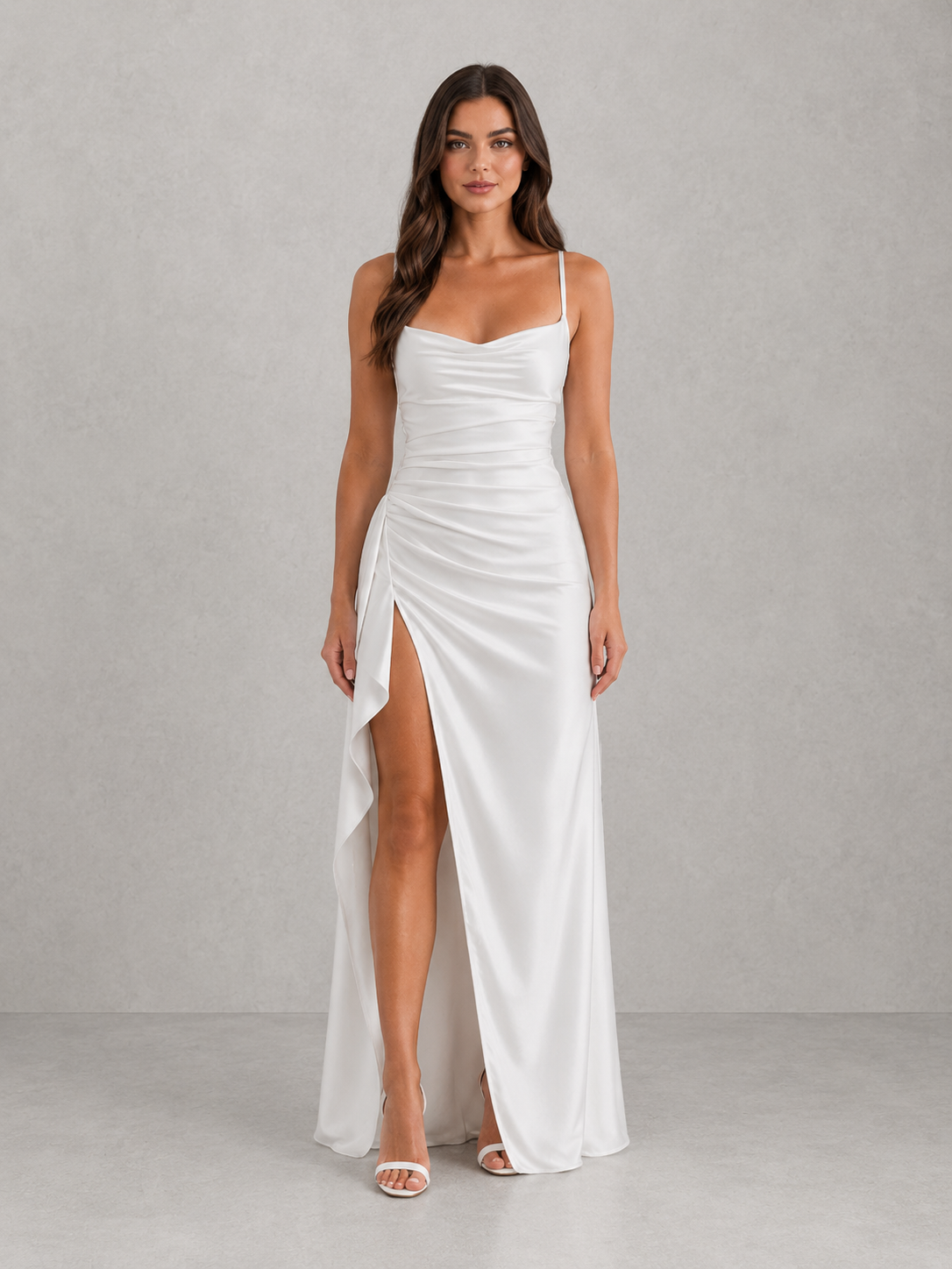 Women's ivory draped satin maxi dress with side split