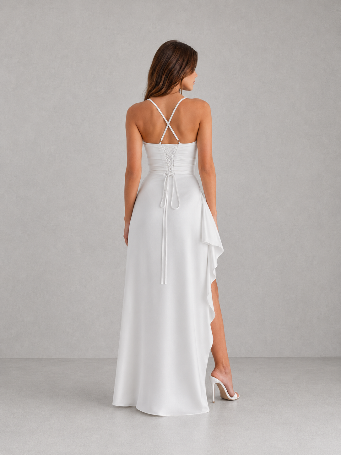 Women's ivory draped satin maxi dress with side split