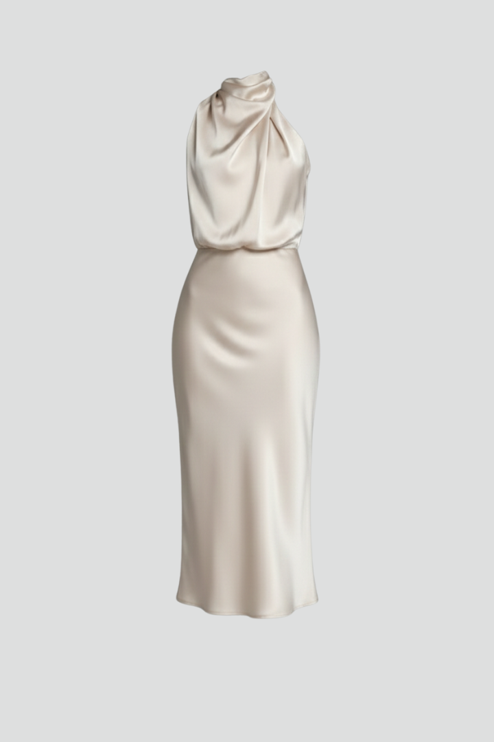Women's champagne high neck occasion maxi dress with draped front