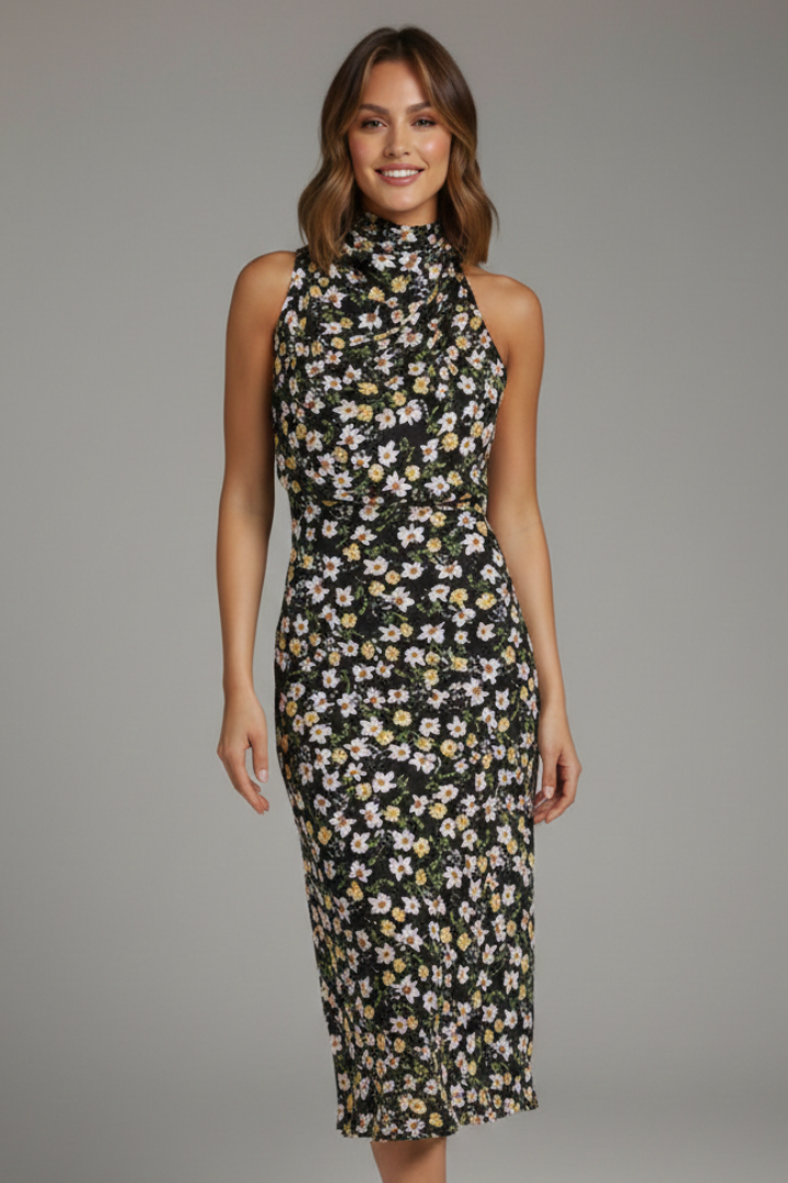Women's olive high neck occasion maxi dress with draped front