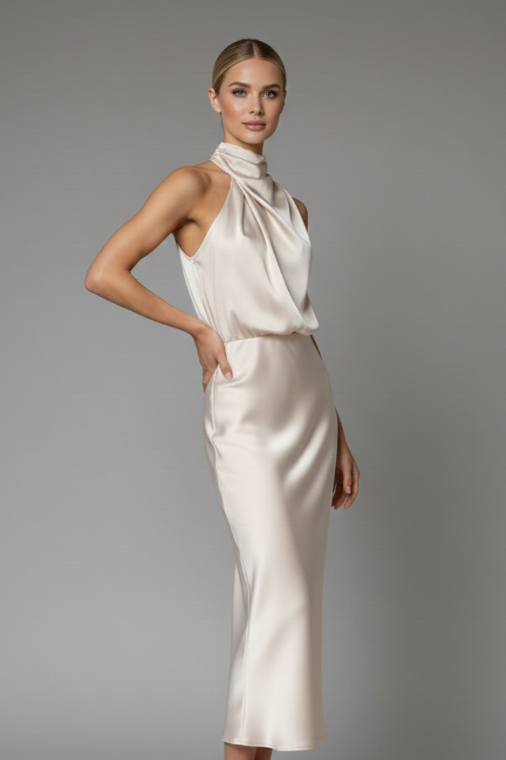 Women's champagne high neck occasion maxi dress with draped front