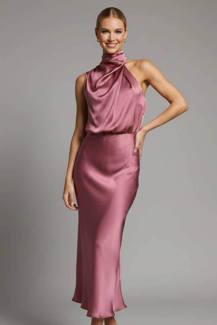Women's champagne high neck occasion maxi dress with draped front