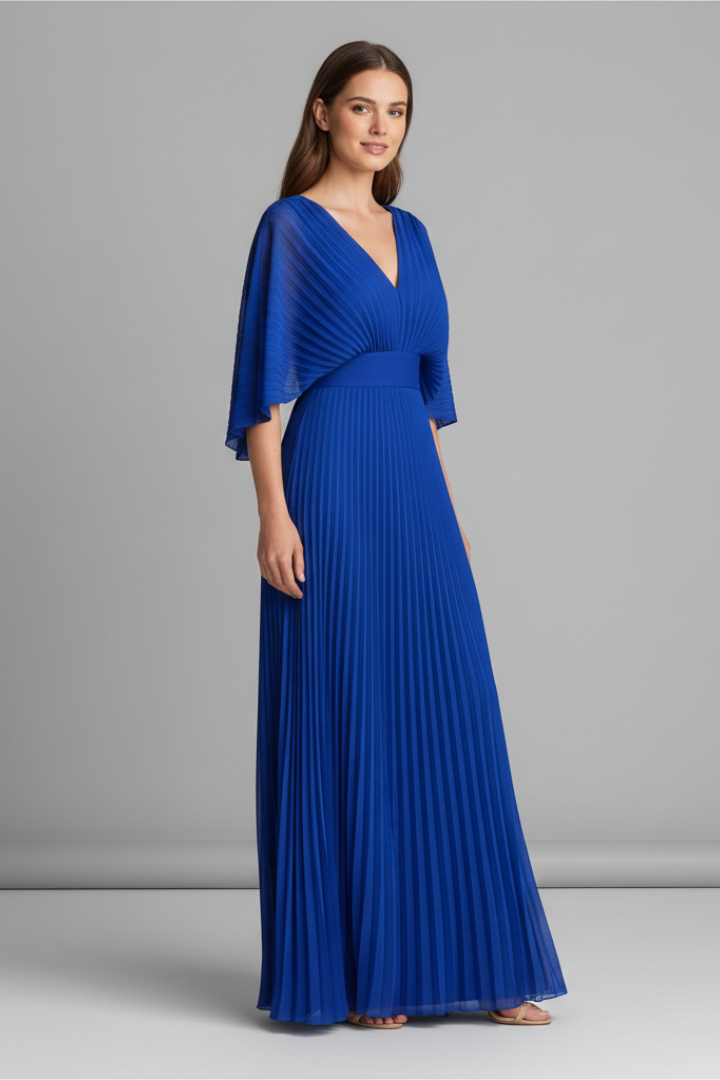 Women's blue long sleeve maxi dress with pleated skirt and wrap front