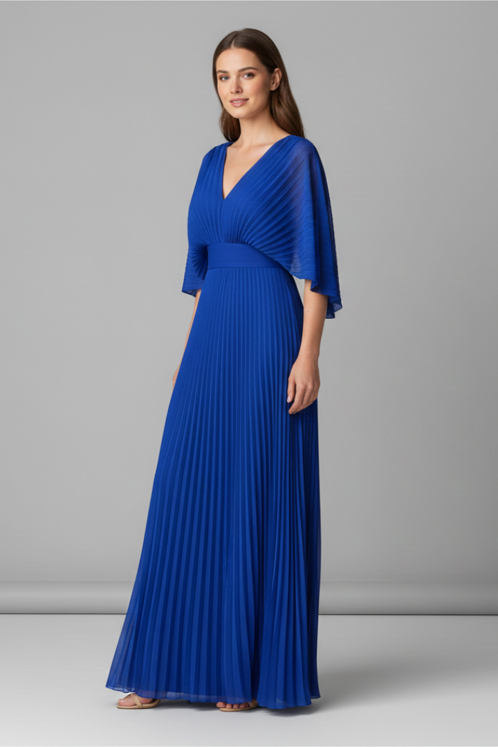 Women's blue long sleeve maxi dress with pleated skirt and wrap front
