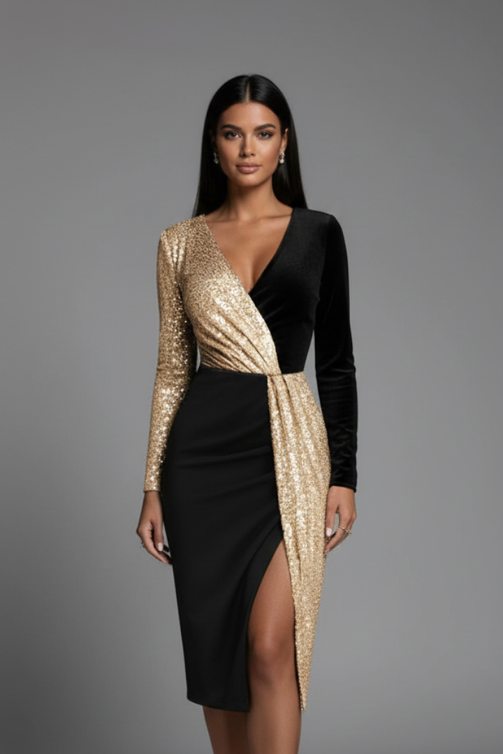 Women's black long sleeve knee-length dress with textured panels