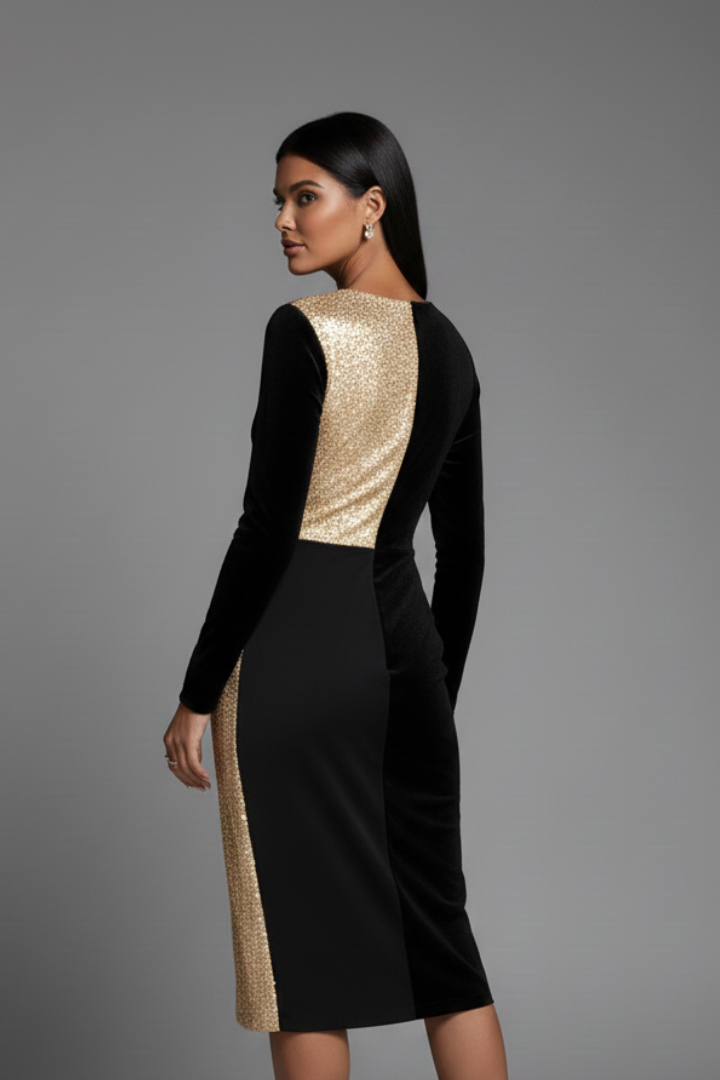 Women's long sleeve knee-length dress with textured panels