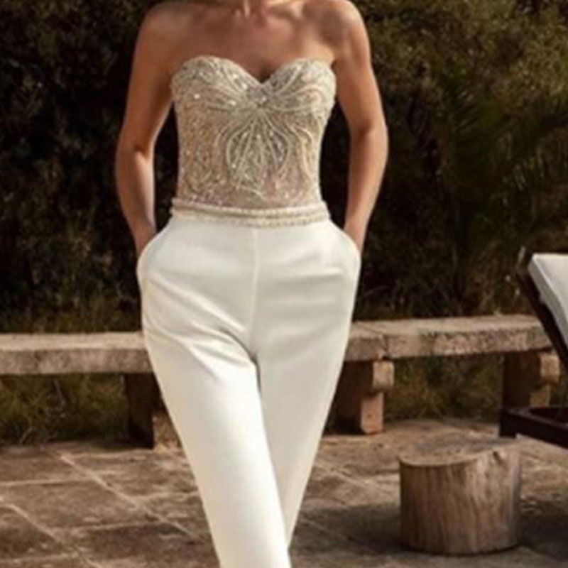 Women's white strapless sequin bodice wide leg jumpsuit