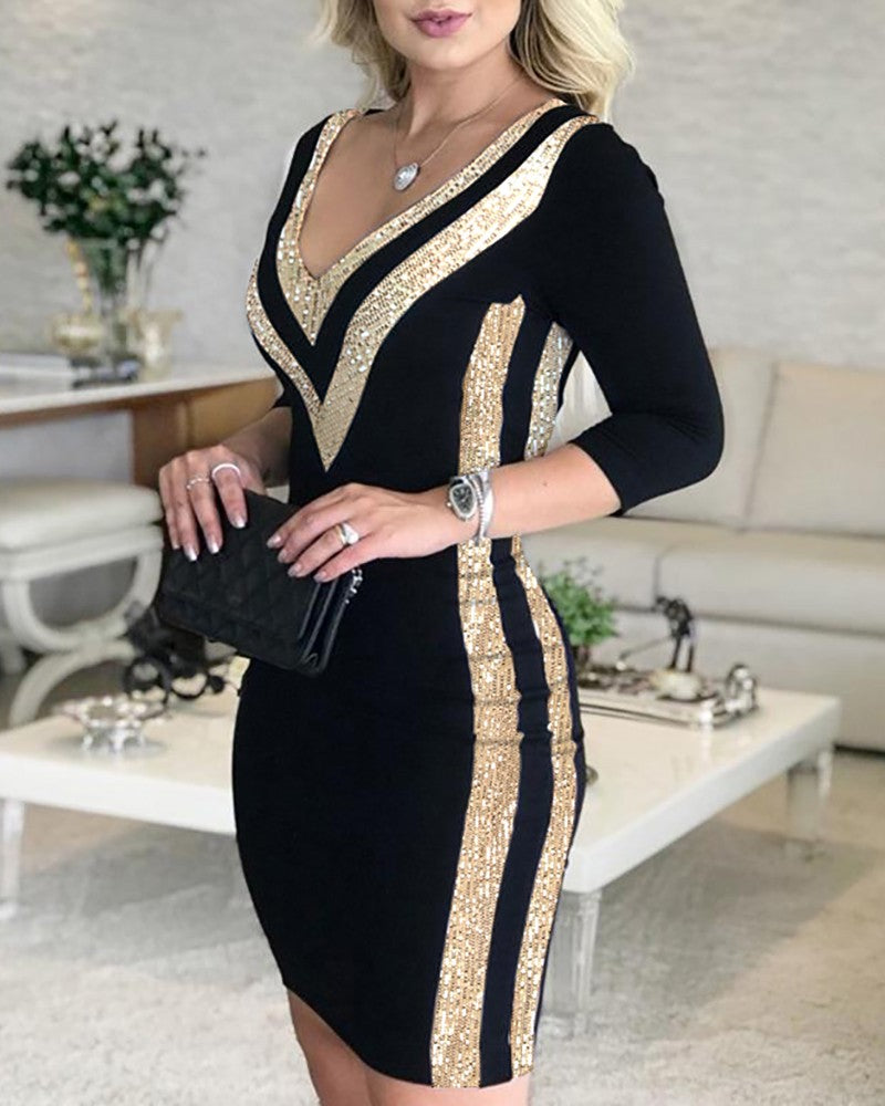 Women's champagne sequin trim bodycon mini dress with deep V neck