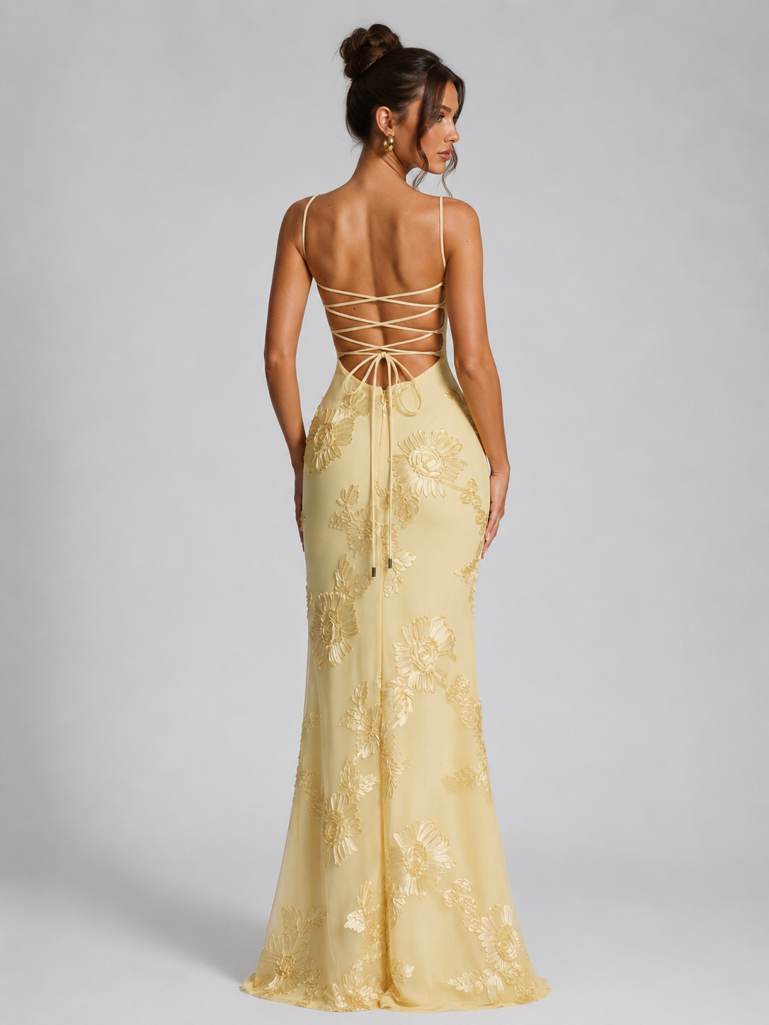 Women's yellow floral corset maxi dress for wedding guest