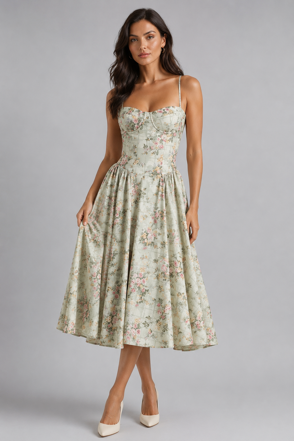 Women's green floral sweetheart corset midi dress