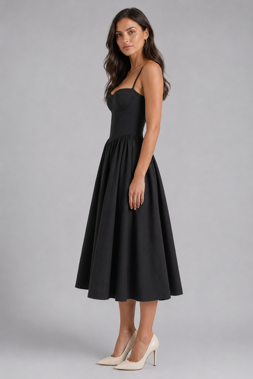 Women's black floral sweetheart corset midi dress