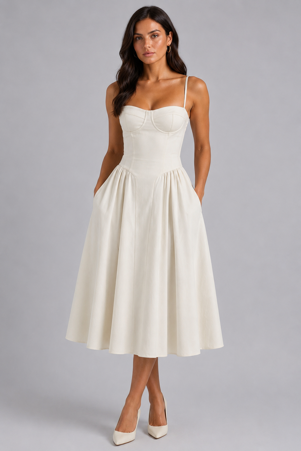 Women's cream floral sweetheart corset midi dress