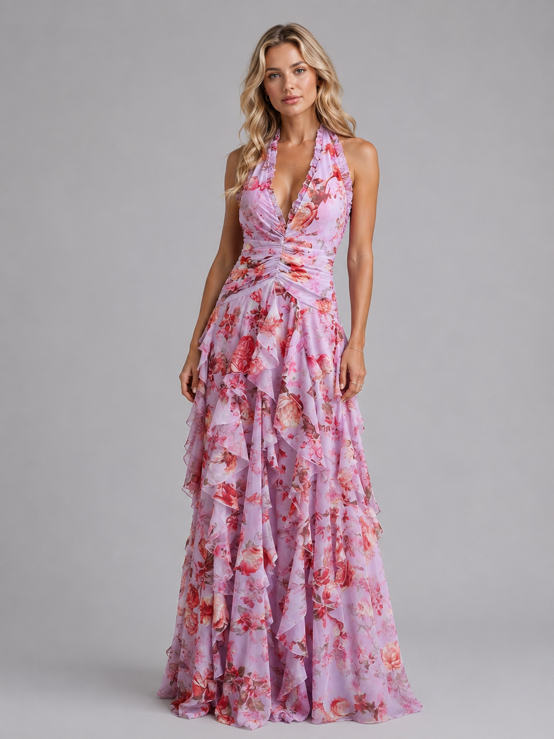 Women's pink floral halter maxi dress, tiered