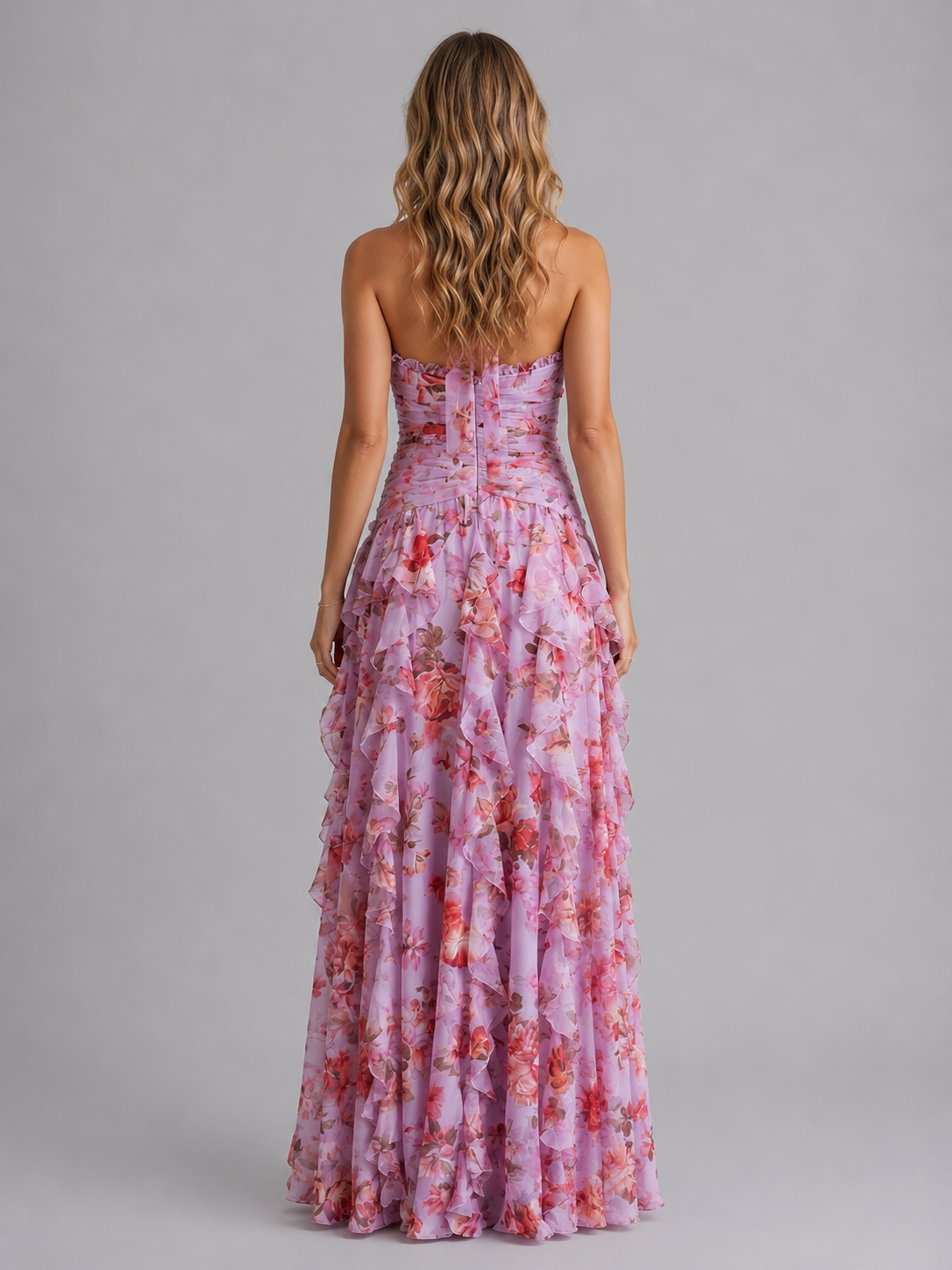 Women's pink floral halter maxi dress, tiered