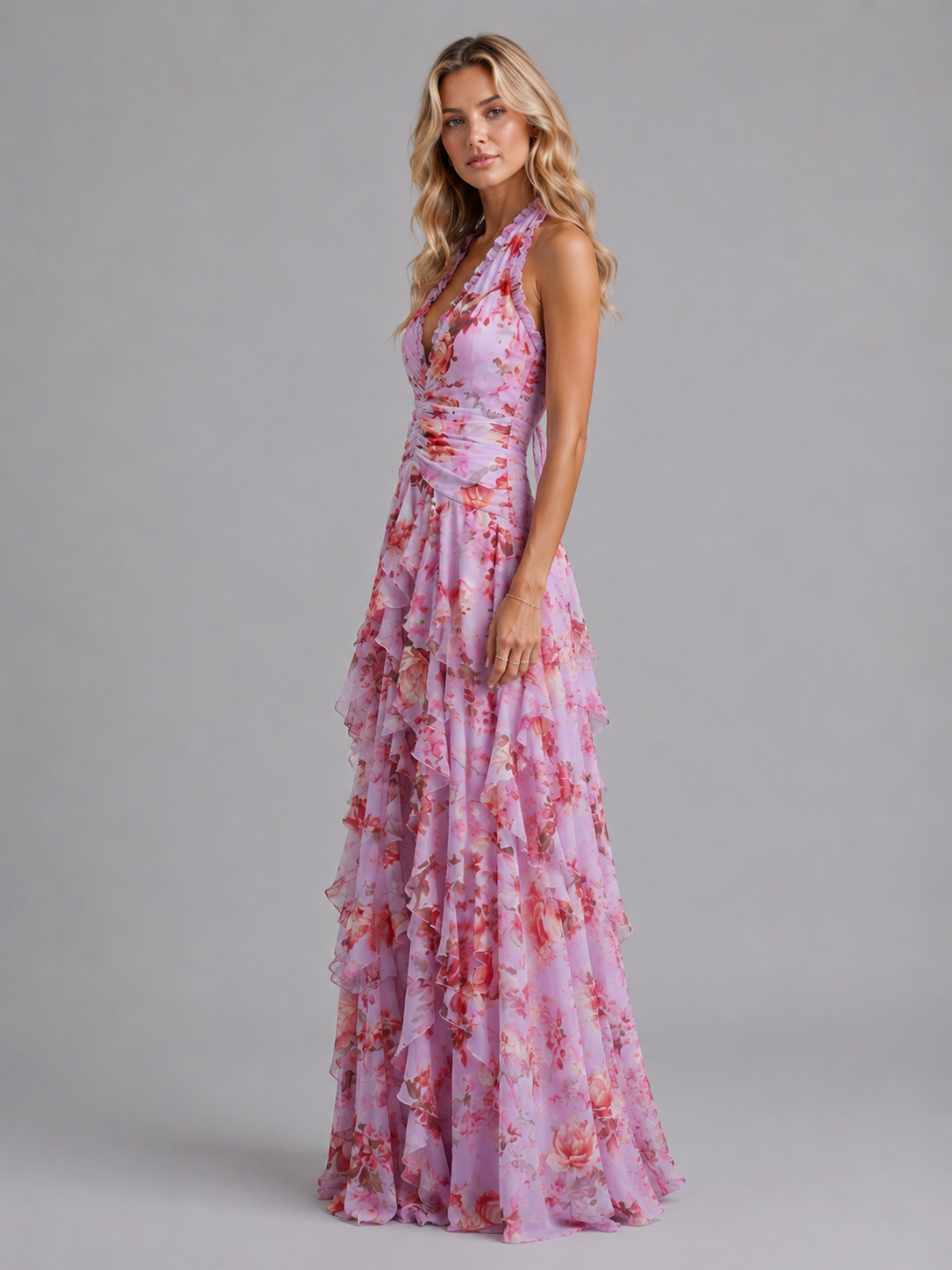 Women's pink floral halter maxi dress, tiered